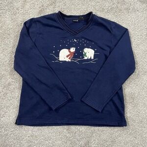 Northcrest Sweater L Polar Bear Christmas V-Neck Holiday Graphic Fleece Top